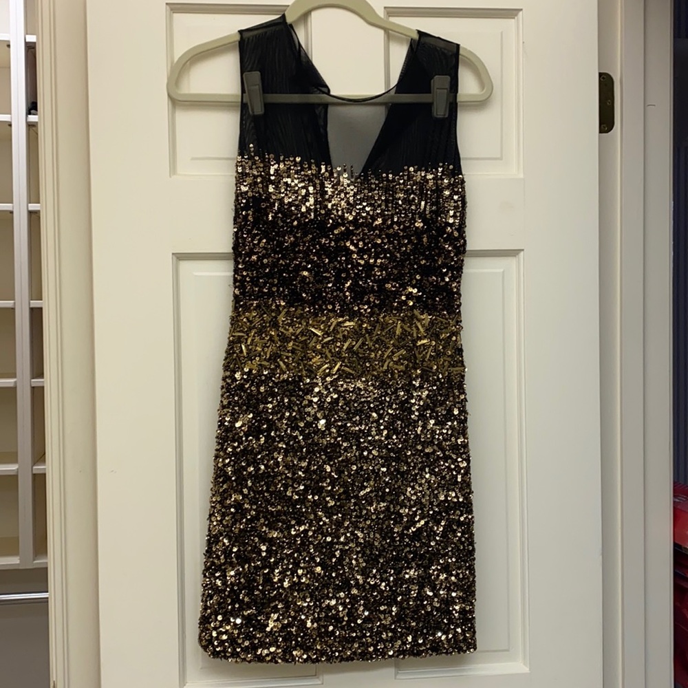 Badgley Mischka Collection Gold Ombré Beaded Mini Dress